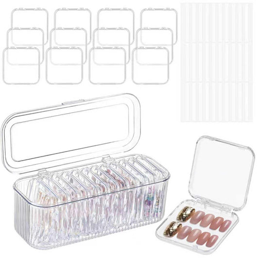 XNXA Clear Press On Nail Storage Containers 12-Pack Stackable Cases, Press Ons Nail Packaging Organizer Case, Acrylic Tips and Fake Nails Display Box for Travel and Salon Use (Clear 01)