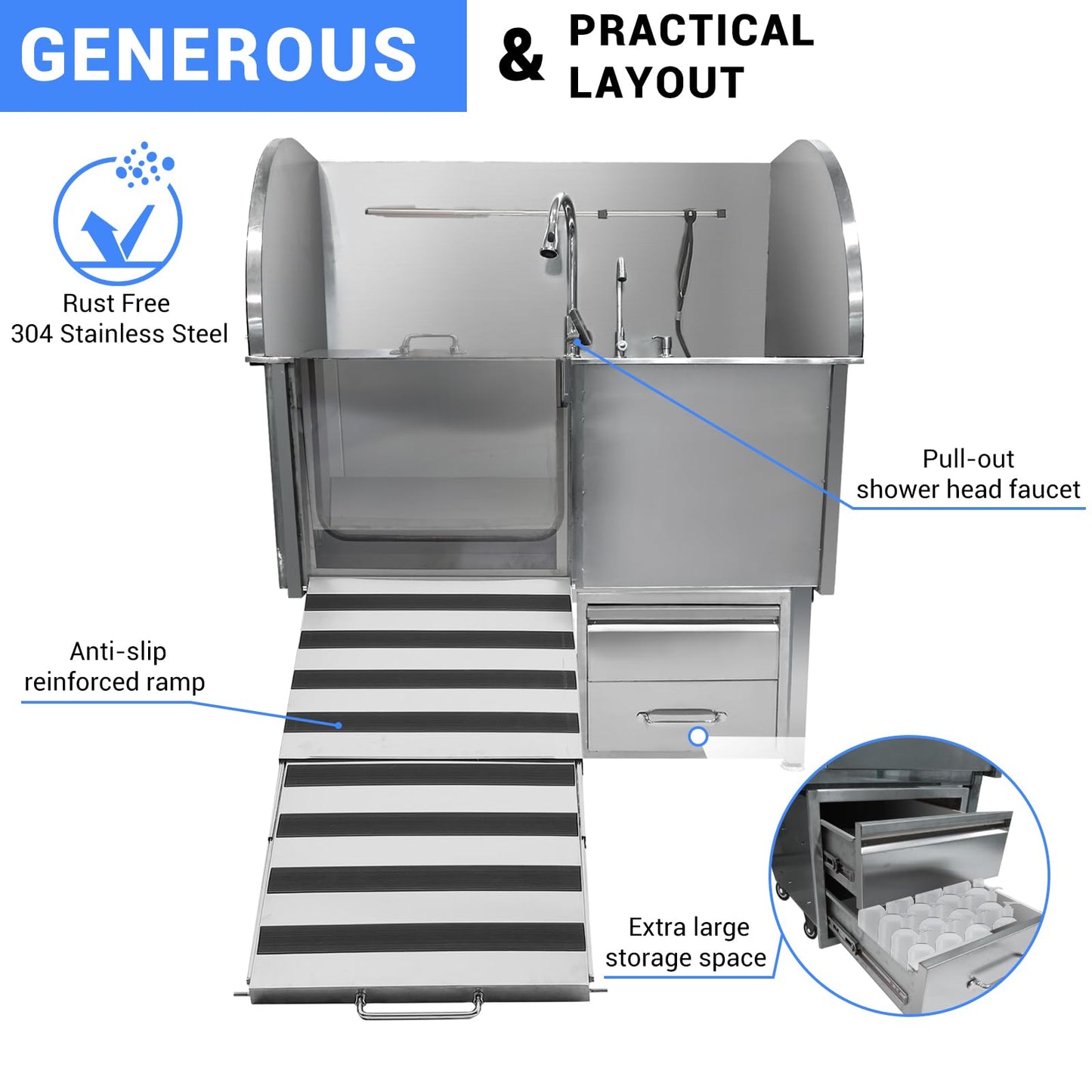 Towallmark Professional Stainless Steel Dog Bathing Tub - Dog Grooming Tub w/Ramp, Moveable Storage Drawer, Floor Grate & Faucet/Dog Bathtub for Large, Medium & Small Pets (50", Right Ramp)