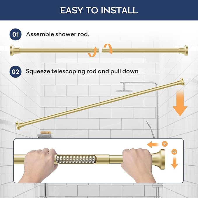 STARLATTA Adjustable Shower Curtain Rod 31-80 Inch, Never Rust Stainless Steel Gold Tension Rod, 1" Heavy Duty No-Drill for Bathroom, Kitchen & Closet