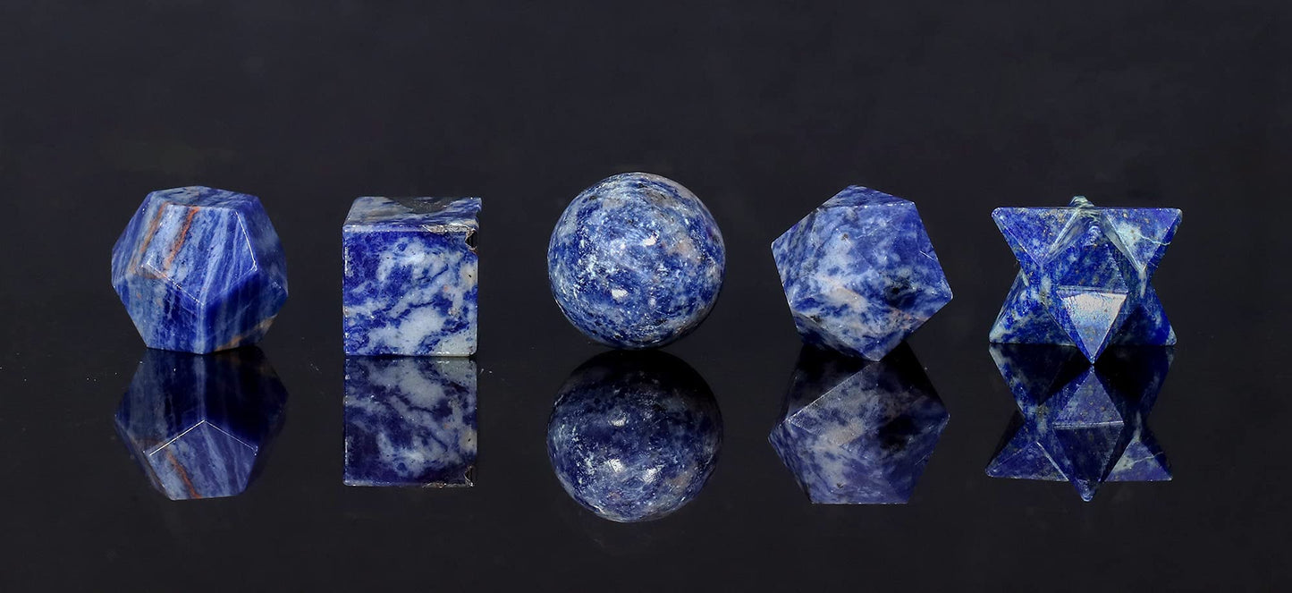 Crocon Sodalite 5Pcs Platonic Solids Crystal Geometry Set, Platonic Solids Sacred Geometric Stones for Meditation Reiki Balancing Healing Chakra Stone Cleansing Spiritual Good Luck (1520 mm)