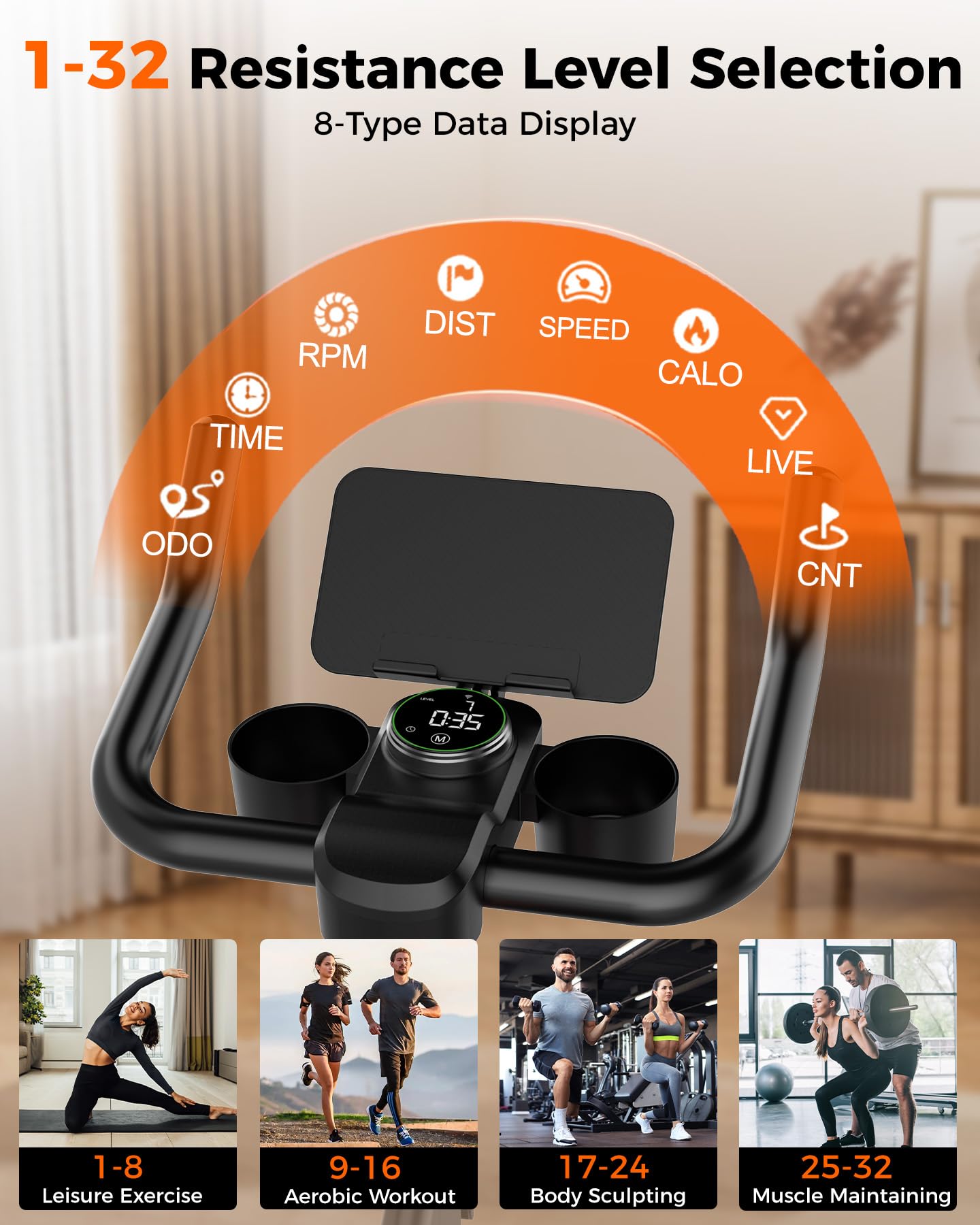 SupeRun Magnetic Exercise Bike for Home, Stationary Bikes Indoor Cycling with 32-Level Resistance, Adjustable for Users 5'1" to 5'11" & 300lbs Capacity