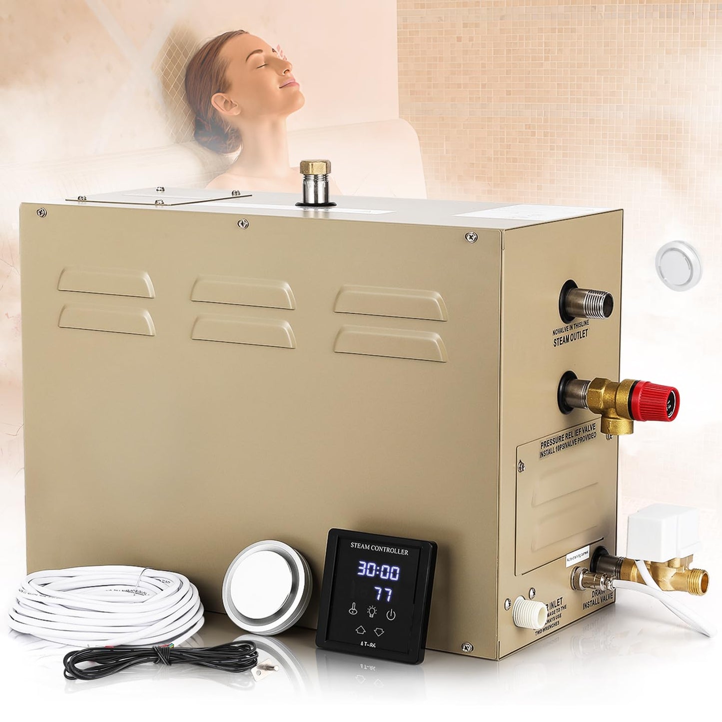 Hapyvergo Steam Shower Generator Kit 10.5KW for Bath Sauna SPA, Self-draining System, Aromatherapy Steam Head, LED Touchscreen Controller, 12-Hour Timer 77-131℉ For Home Commercial Use