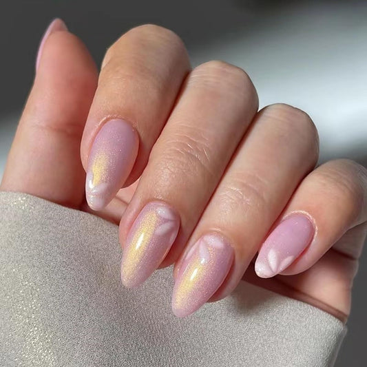 Short Press Almond Pink False Nails with Cute Flower Design - Glitter Acrylic Glossy Full Cover Glue on Shiny Artificial Nails for Women's Manicure - 30Pcs