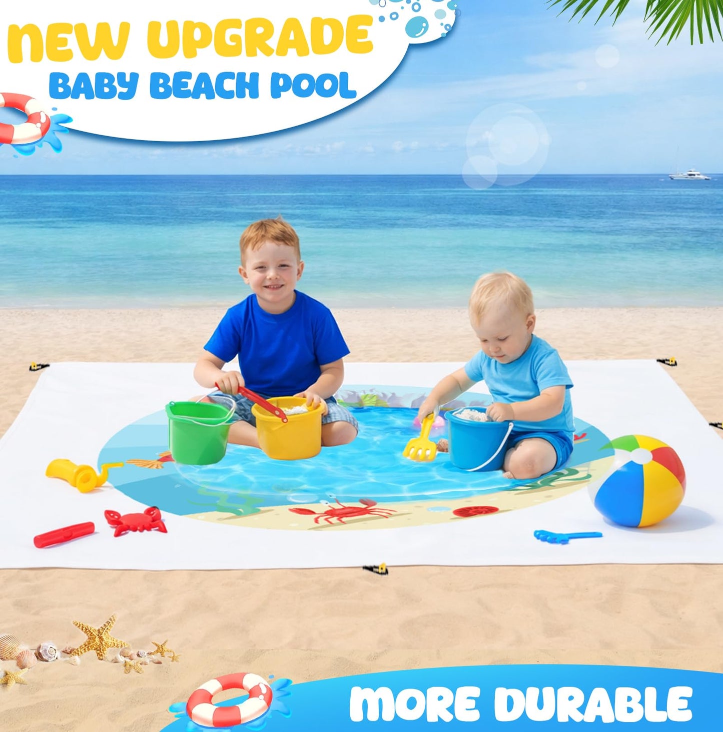 Baby Beach Pool，Kiddie Pool and Beach Blanket，2 in 1 Toddler Paddling Pool，Beach Toys for Infant Kids Boys and Girls with Portable Water Bag