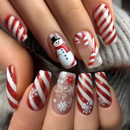 Christmas Press on Nail Long Long Coffin Fake Nails Red Sripe with Snowflake Snowman designs Cute False Nails Glossy Full Cover Winter Xmas Press ones Reusable Gel Glue on Nails for Women Holiday24pcs