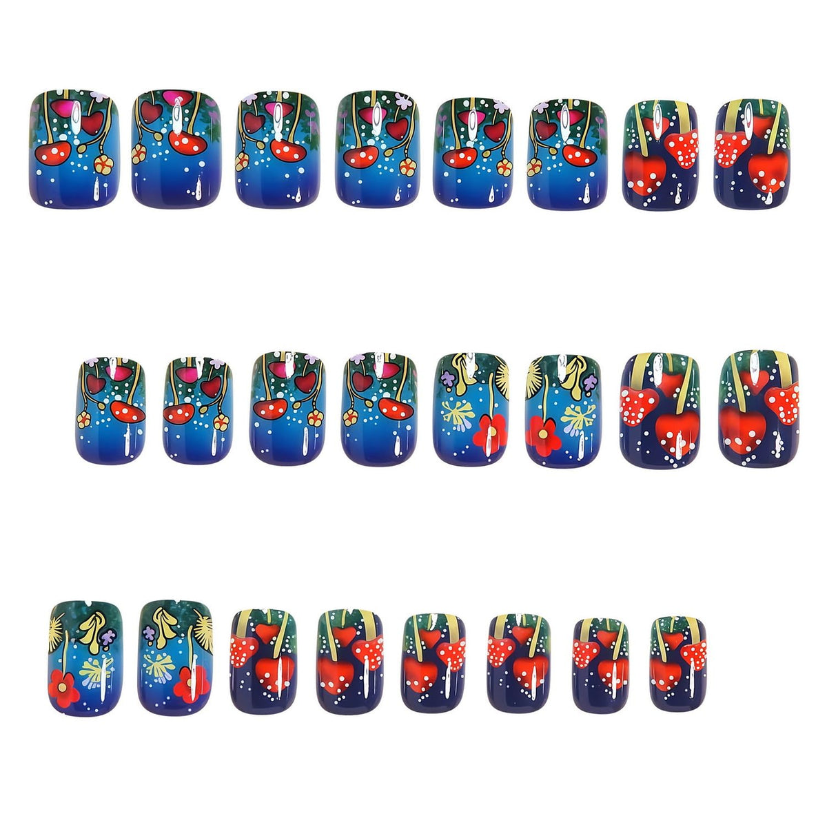 24pcs Short Square Press on Nail Spring Fake Nails with Colorful Mushrooms Flower designs Stick on Nail Glossy Cute Acrylic False Nails Full Cover Cartoon Reusable Glue on Nails for Women