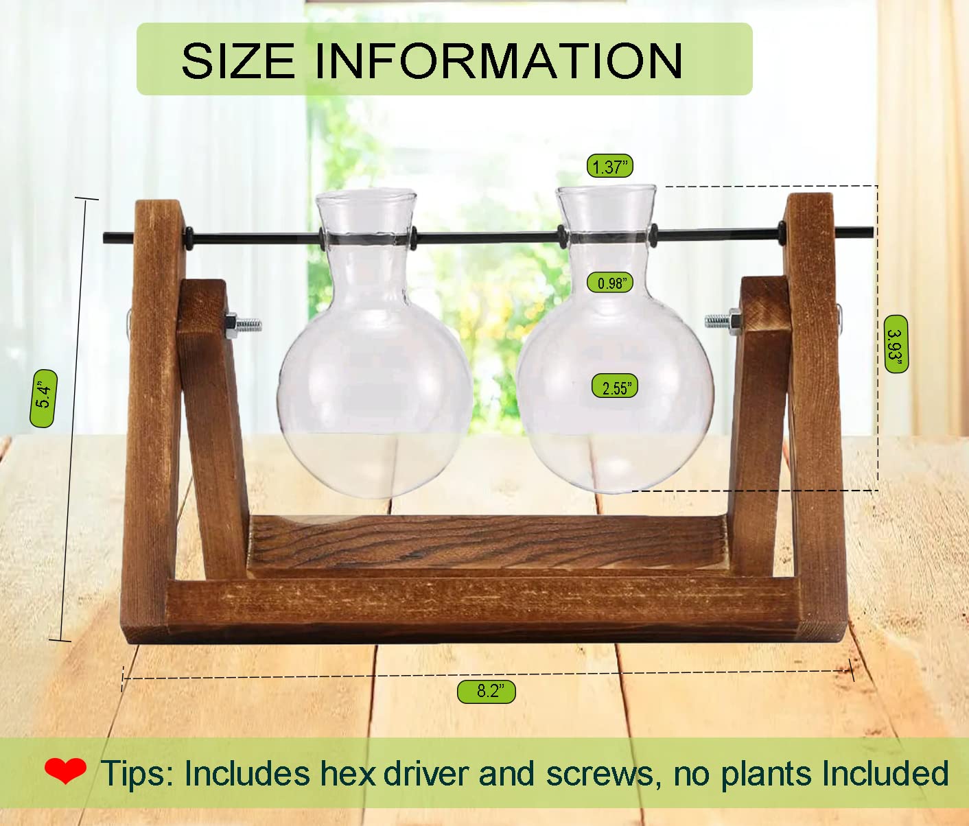 Kingbuy Glass Desktop Planter with Retro Wooden Stand and Plant Terrarium vase (2 Bulbs) for Indoor Office Desk Decor Accessories