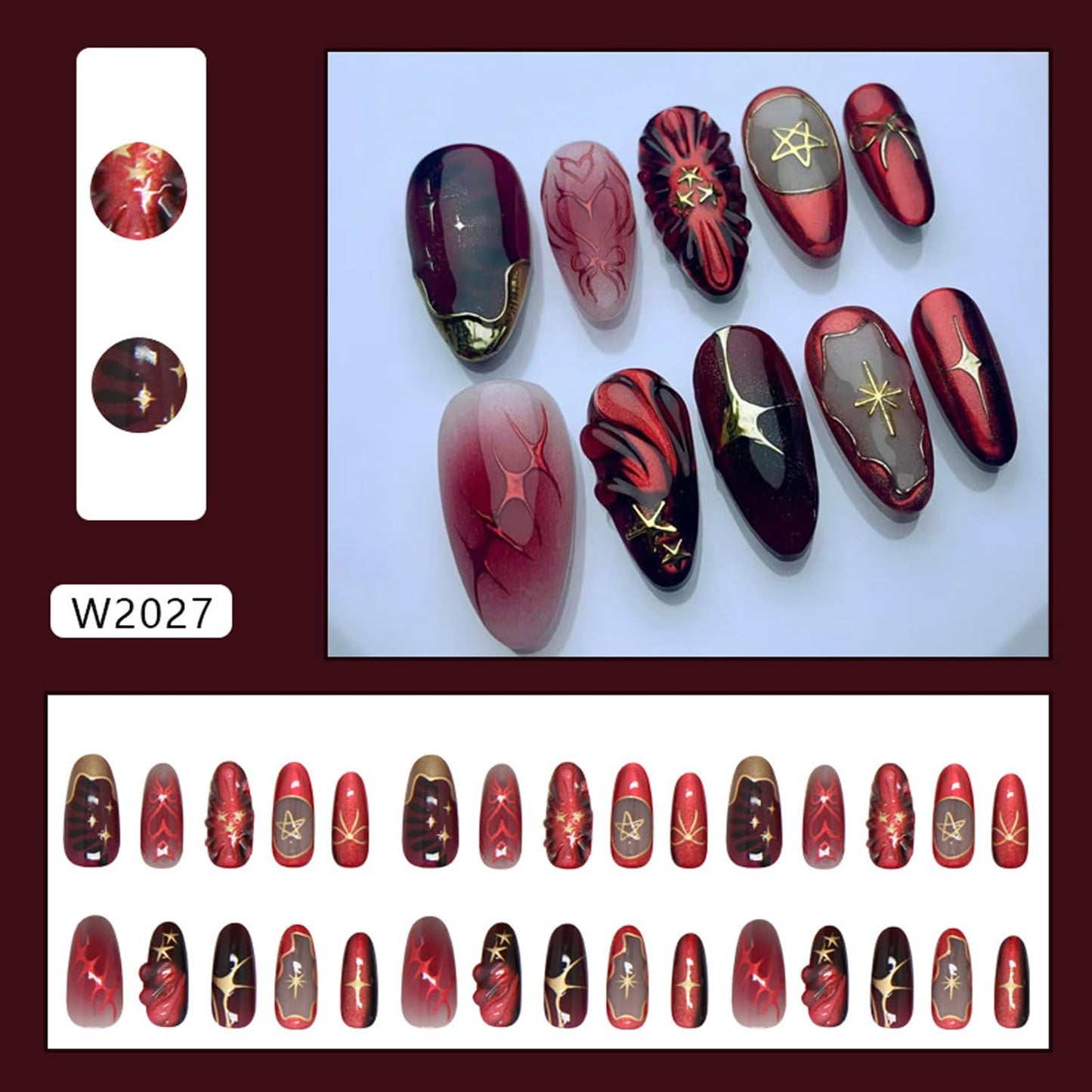 30Pcs Red Press on Nails Charms Medium Almond Fake Nails Stars Pattern French Nails Glossy Wine Red Acrylic False Nails Full Cover Stick on Nail Artificial Manicure for Women Daily Wear
