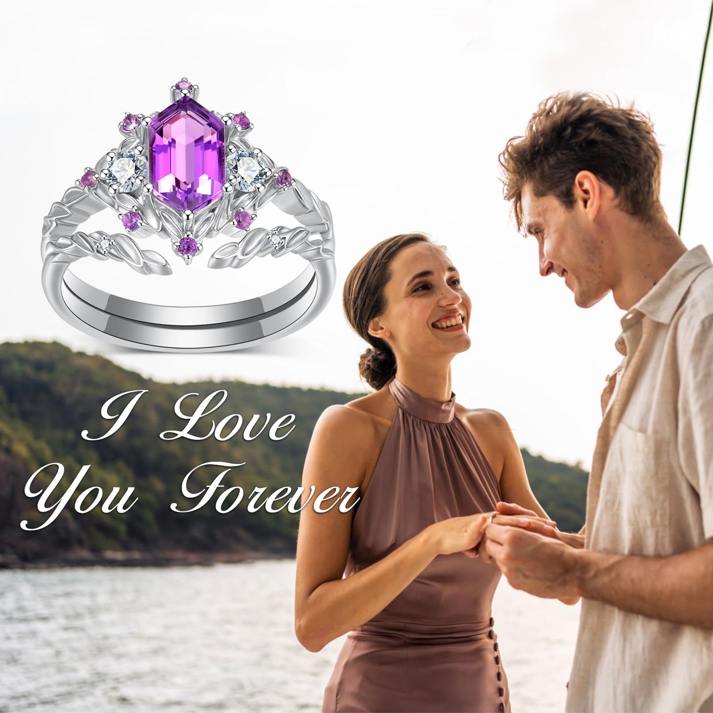 LieYovanaRing 1CT Hexagon-Cut Amethyst Wedding Ring Set 18K White Gold Platinum Plated Silver Three Stones Bridal Sets,S925 Amethyst Moissanite Engagement Ring Sets for Women Jewelry Gift for Anniversary Birthday (Size 8)