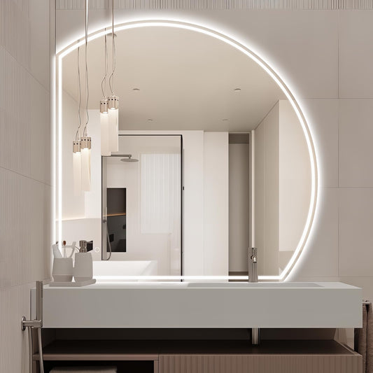 Niccy 44" Half Moon LED Mirror for Bathroom, Backlit/Front Lighted, Irregular 1/4 Round Lighted Mirrors with Bedroom Wall-Mirror, Frameless-Mirror for Entryway, Anti-Fog, Dimmable, Makeup-Mirror