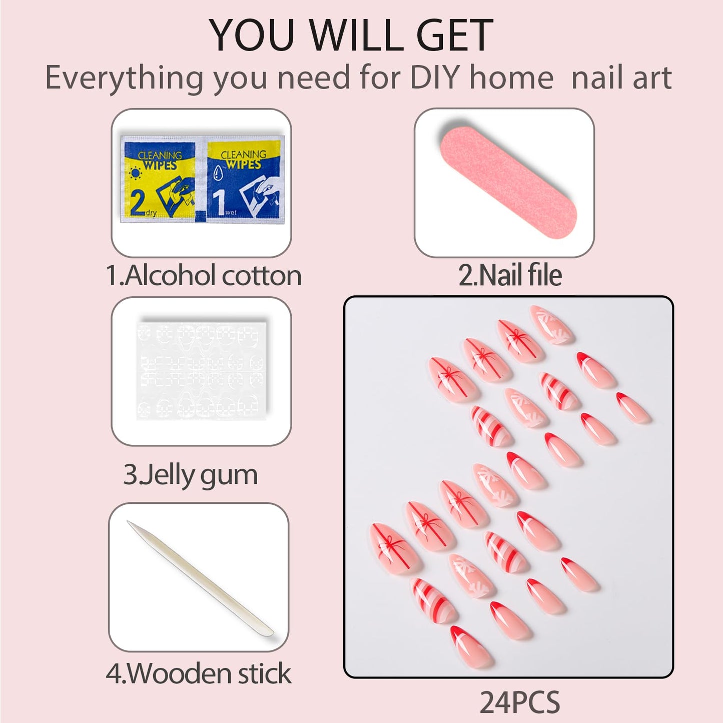 Christmas Press on Nails Medium Almond Red French Tip Fake Nails False Nails with Cute Christmas Hat & Snowflake Bow Designs Glossy Glue on Nails for Women Girls 24 Pcs