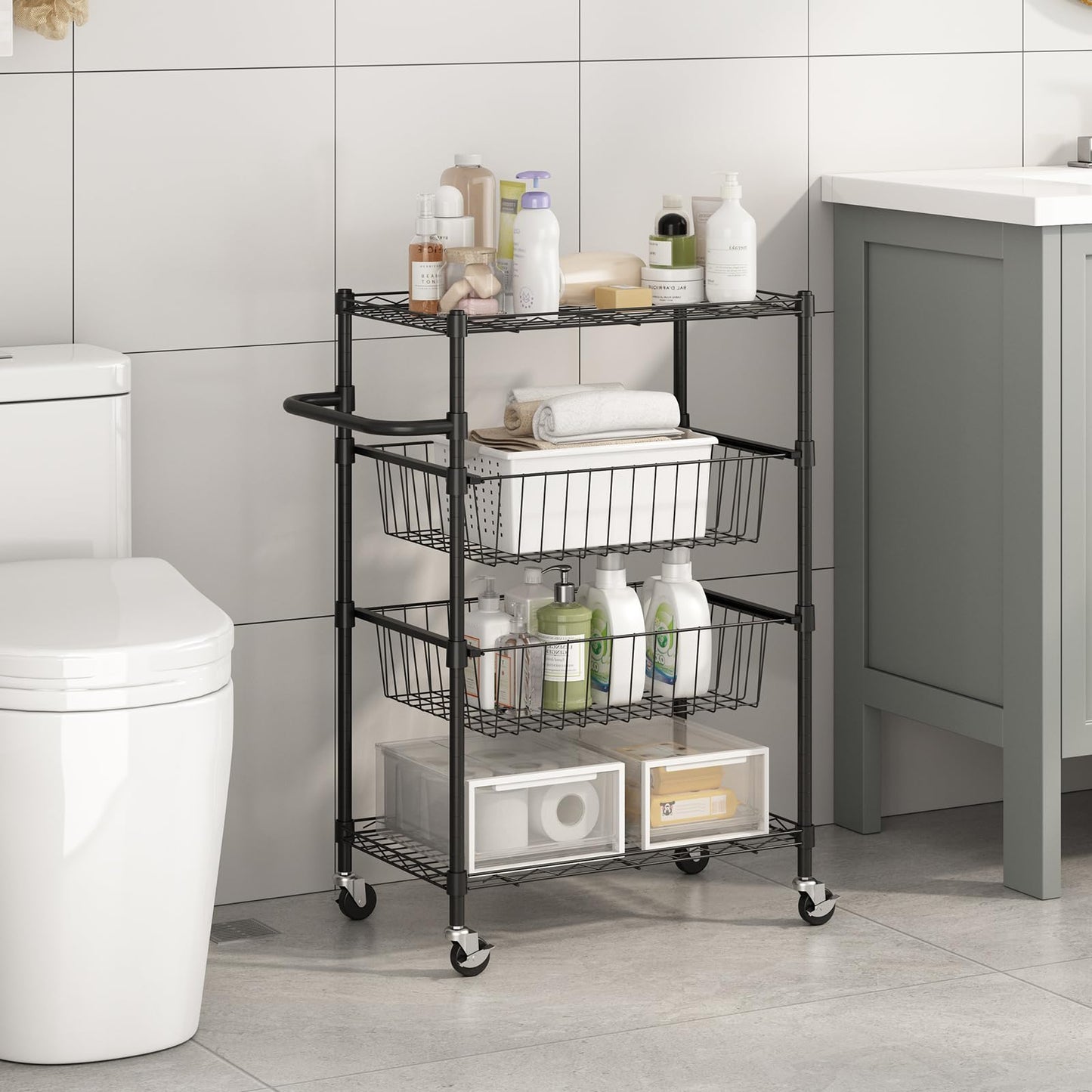 LinTimes 4 Tier Rolling Cart, 110 LB Capacity, Locking Casters & Handle Bar, Wire Storage Rack for Kitchen, Restaurant, Garage, Black