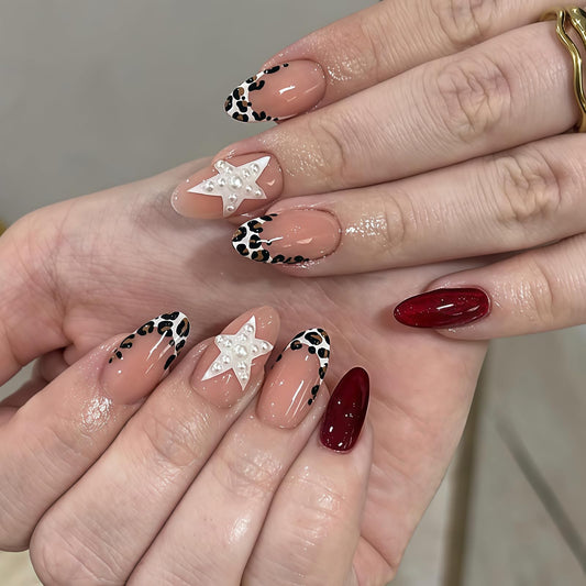 Medium Almond Press on Nails - French Tip Fake Nails with Leopard & 3D Pearl Star Designs False Nails Glossy Glue on Nails Reusable Full Cover Stick on Nails for Women Manicure 24Pcs