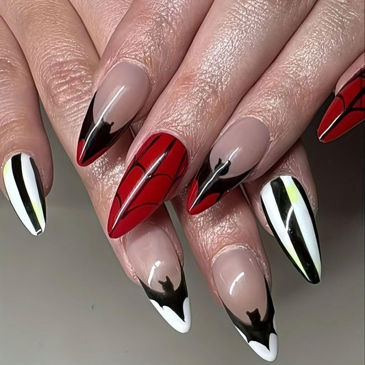 Halloween Bat French Press on Nails Medium Almond Fake Nails Red Spider Web Designs False Nails Black and White Stripes Acrylic Glue on Nails for Women Girls Manicure Decoration 24Pcs
