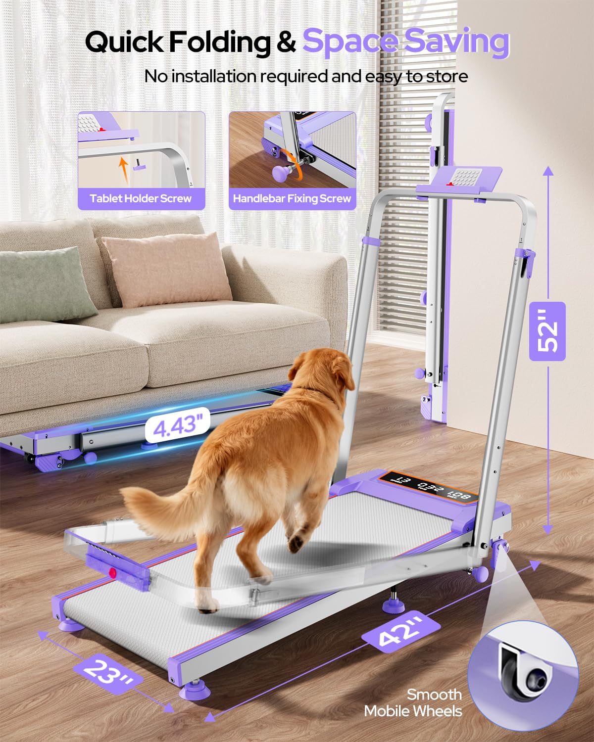 Walking Pad Treadmill with 12% Incline & Adjustable Height, 4 in 1 Walking Pad with Handle Bar, 3.5HP Foldable Under Desk Treadmill, Portable Treadmills for Home 350LBS, APP & Remote Control, Purple