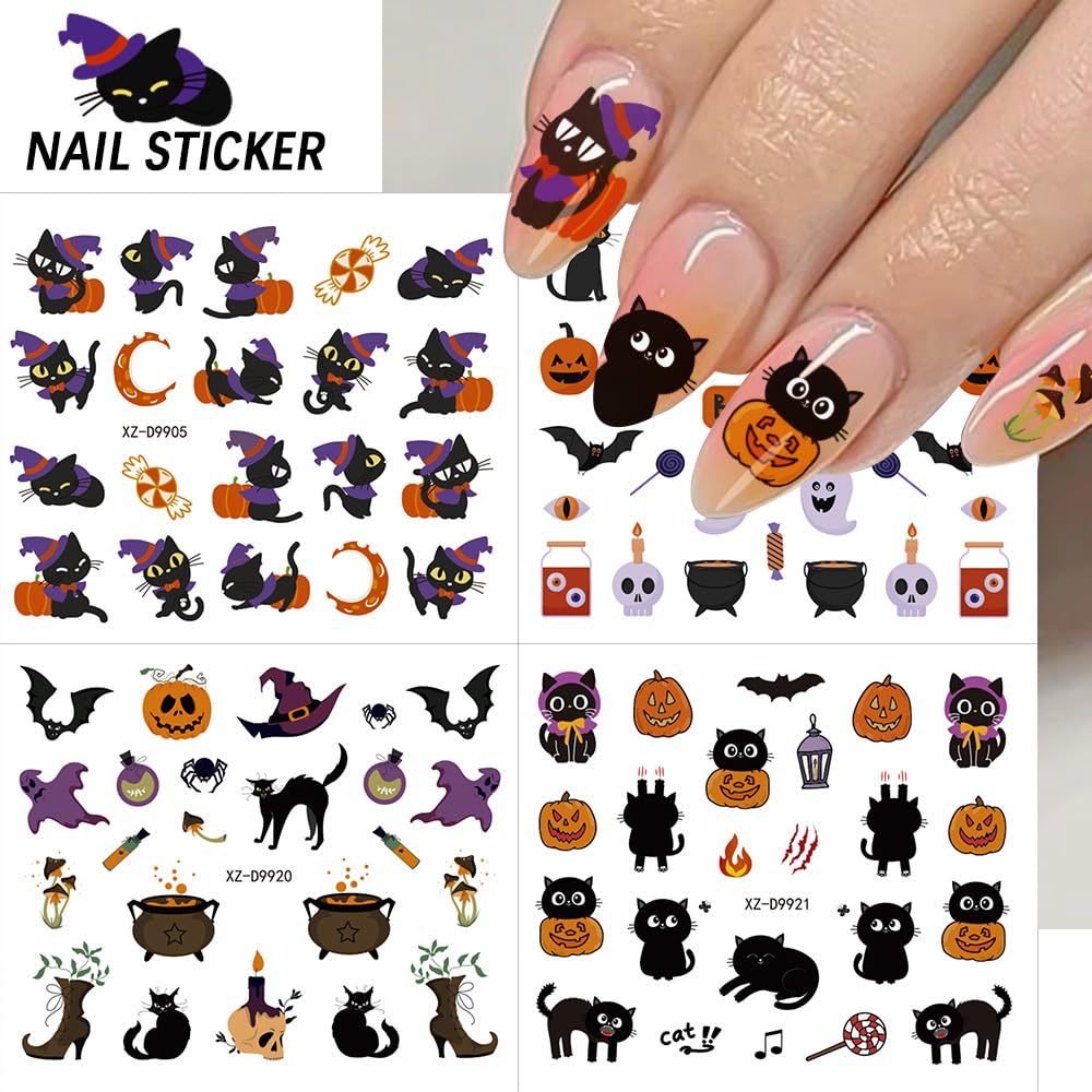 30 Sheets Halloween Nail Stickers for Nail Art, 3D Self-Adhesive Pumpkin Cat Nail Decals, Spider Bloody SkullNail Supplies Design Accessories for Women and Girls Manicure DIY Decoration