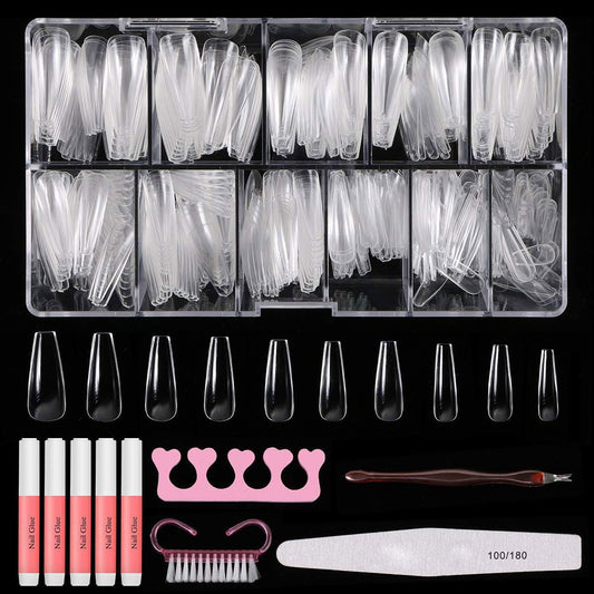 Ballerina False Nail Set - 500pcs Coffin Nails (Clear Full Cover) with Box, Glue, Fork, File & Acrylic Extension Kit