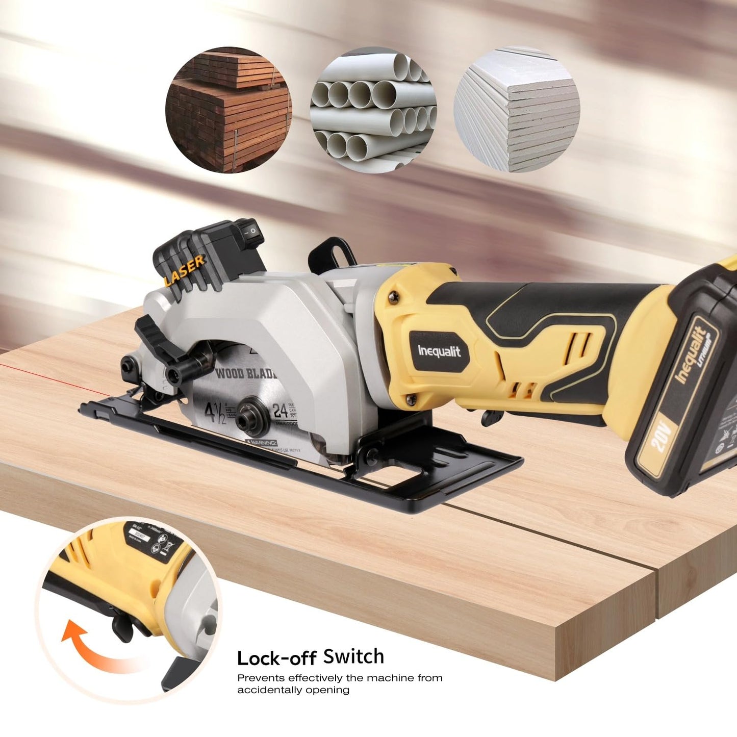 Inequalit 4-1/2 Inch Mini Circular Saw, 3400 RPM Cordless Circular Saw with Laser Guide, Rip Guides, 2 Blades (24T Wood + 60T Metal), Max Cutting Depth 1-11/16" (90°), 1-1/8" (45°)"