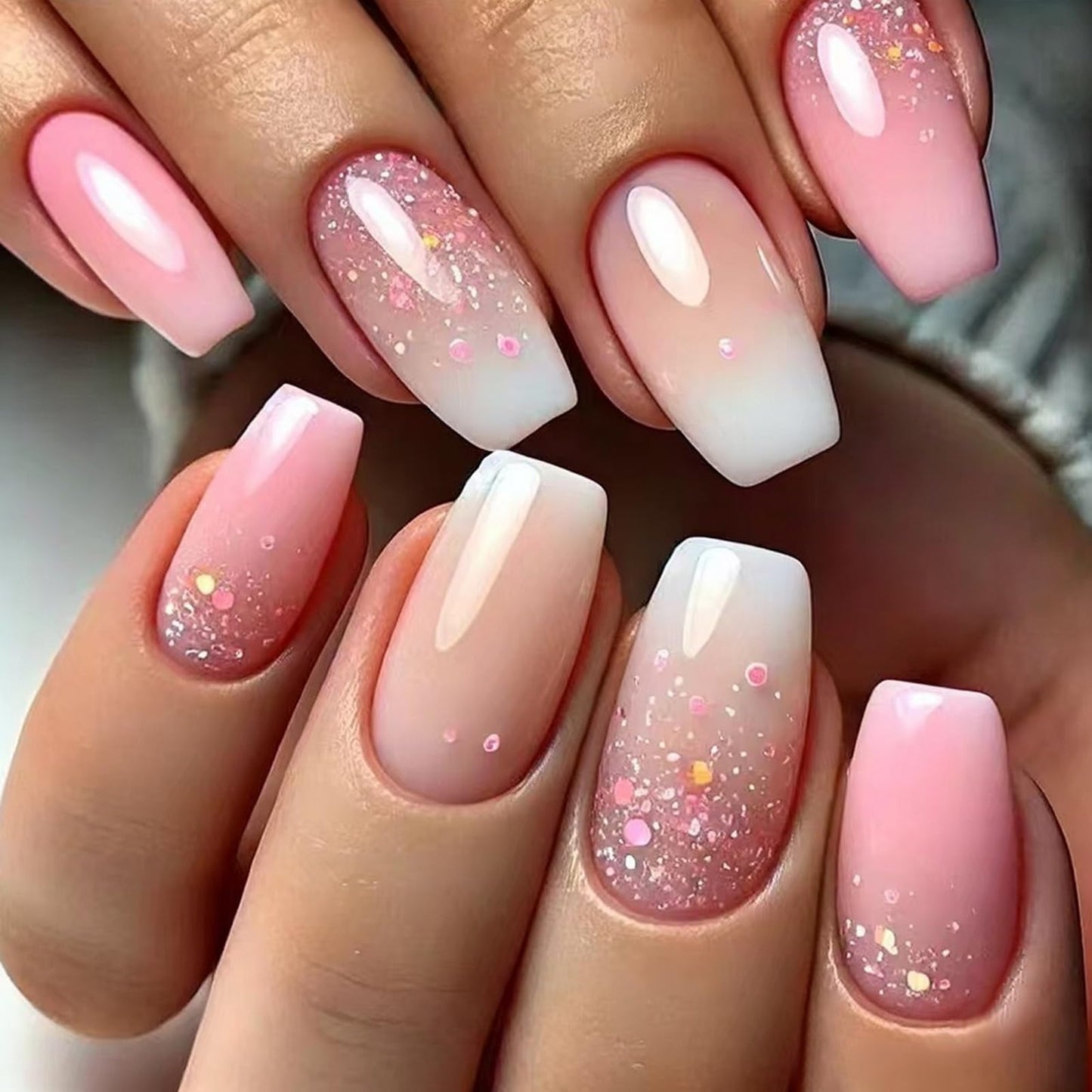 SWEKKE Ombre Press on Nails Medium Almond Pink Glitter Designs Full Cover Glossy Glue on Nails Acrylic Nails for Women Girls 24Pcs