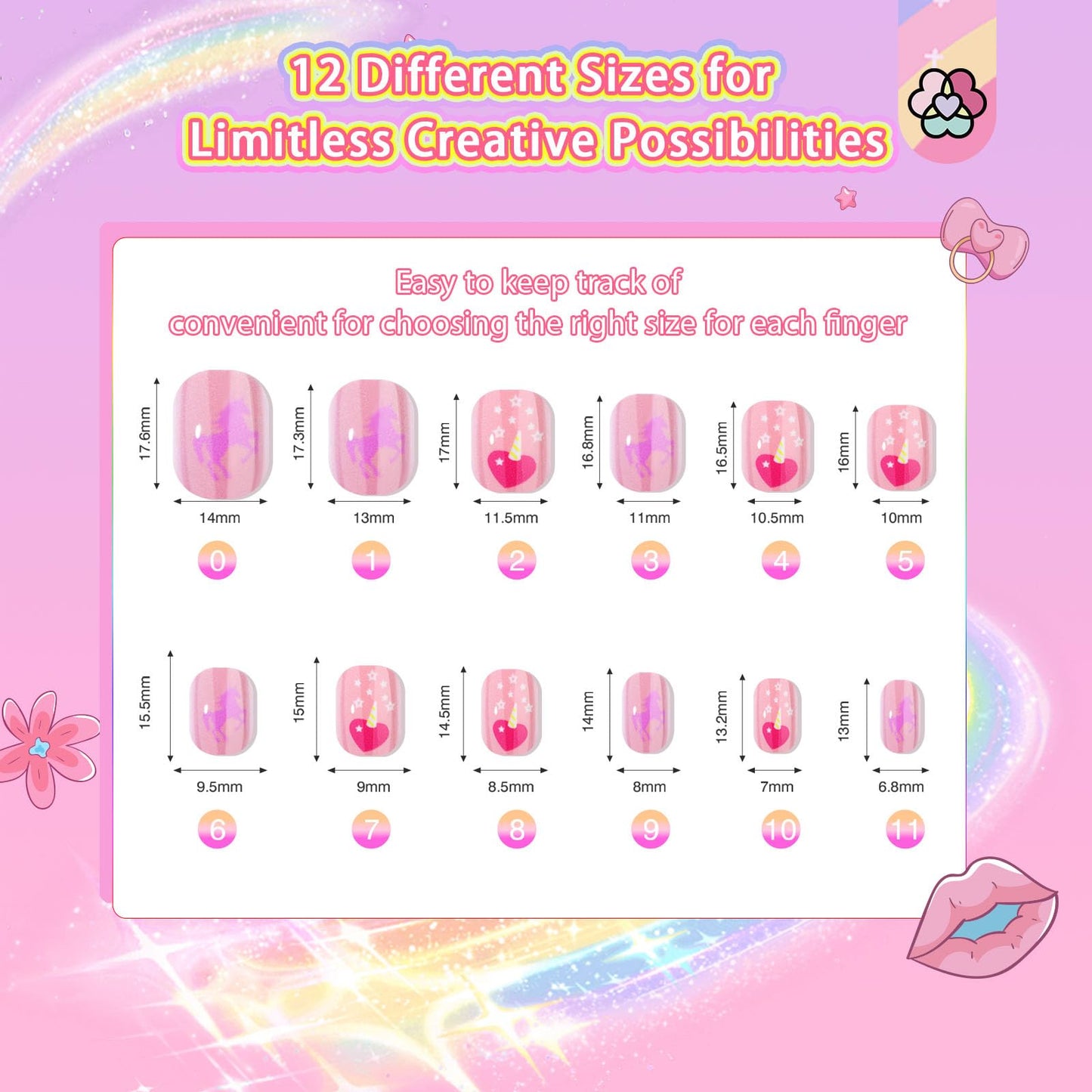 SAVILAND Creative Press on Nails for Kids: 6 Pack Children Fake Nails with 3D Stickers for 8-12 Years Girls Gifts Pre-Glue Full Cover Short Acrylic Nails Artificial False Nail Tips Nail Art Decoration