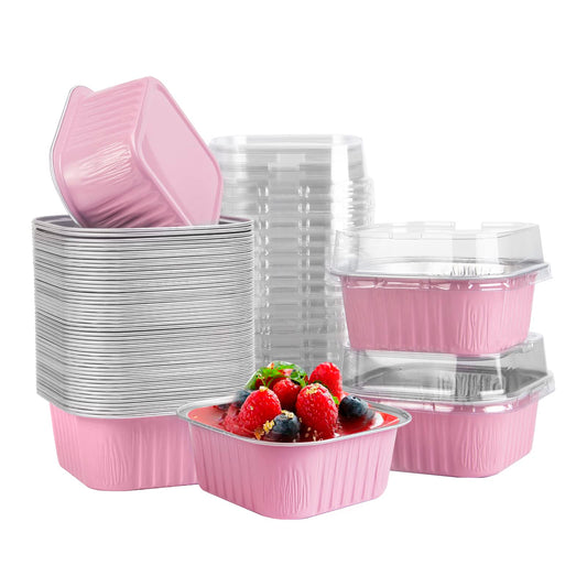 50 Pcs Mini Square Baking Cups with Lids,10oz Aluminum Foil Mini Cake Pans with Lids,Disposable Ramekins Cake Pans,300ml Dessert Cups Cupcake Pans for Wedding Birthday Party,Pink
