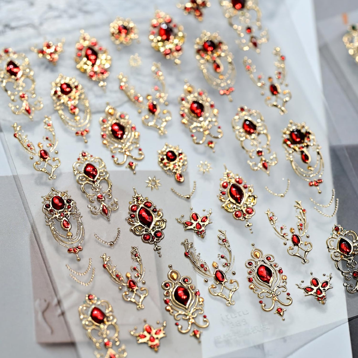 5D Embossed Red Gemstone Nail Art Stickers Gold Nail Stickers Gold Red Baroque Nail Decals for Nail Art Gem Nail Design Nail Supplies for Women Girls DIY Manicure Decoration