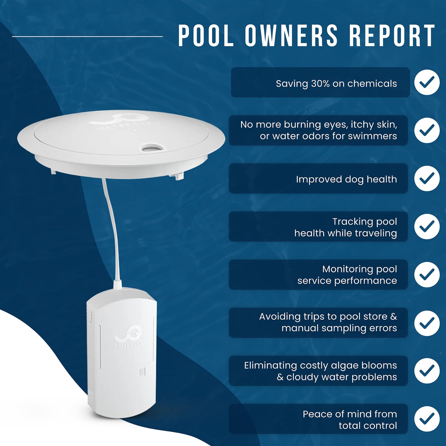 WaterGuru Sense S2 Smart Pool Monitor – Digital Pool & Spa Water Tester for Chlorine, pH, CYA & Alkalinity – Wi-Fi Enabled – Includes C5 Cassette, Float Ring & Batteries