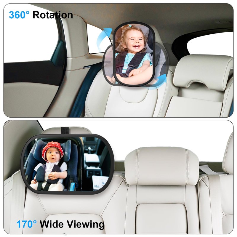 BOEYOS Baby Car Mirror, Safety Car Seat Mirror for Rear Facing Infant, Clear Wide View, 360°Rotation, Easily Observe the Baby Move, Secure, Shatterproof, Crash Tested and Certified (Black)