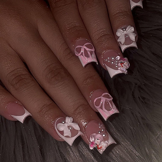 White French Tip Press on Nails Short with Charms Bow Pearl Design, Pink French Nails Press ons Cute False Nails Short Square Nail Art Full Cover Stick on Nails for Women Manicure Decorations 24Pcs