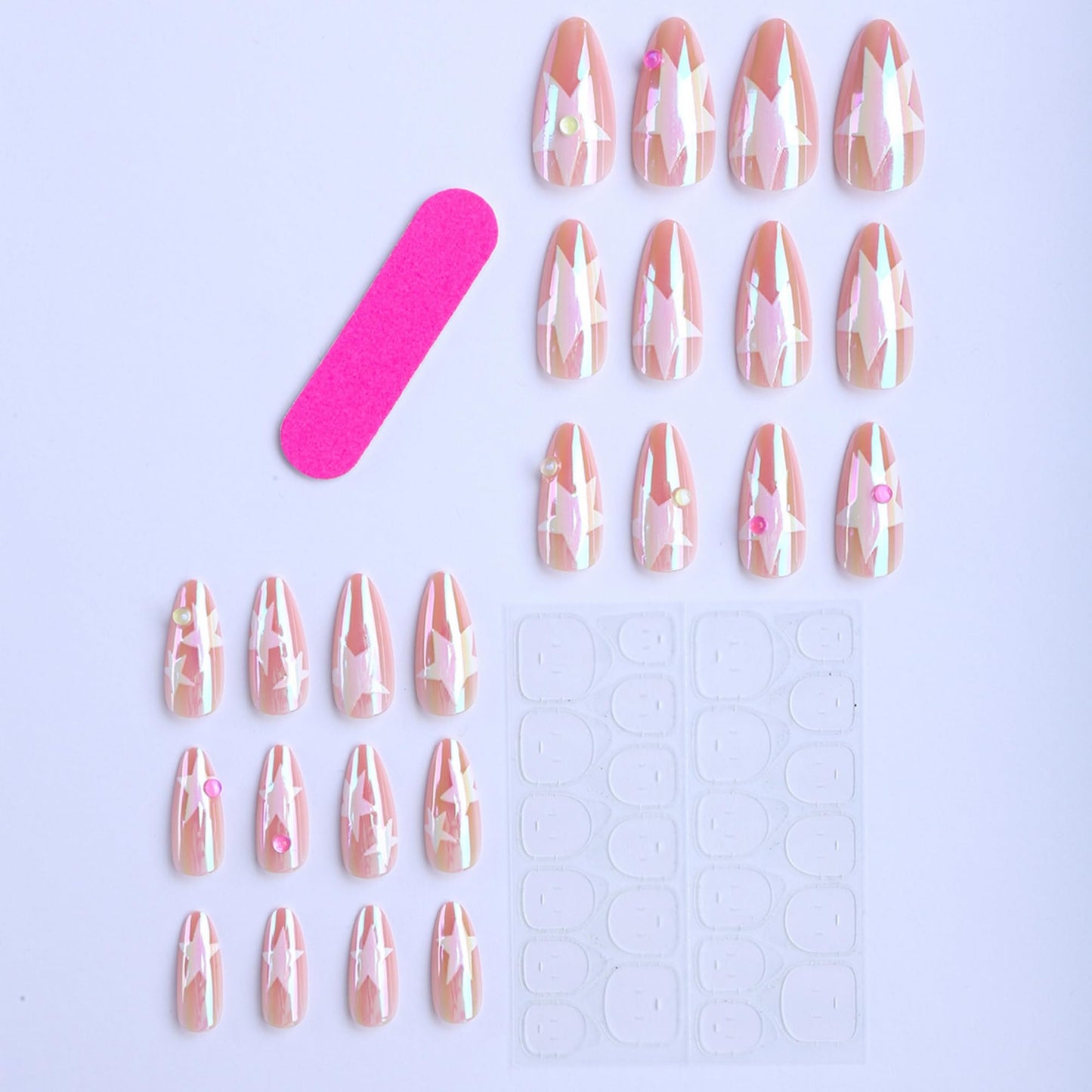 OCTOSWAVE Long Almond Press on Nails Iridescent Pink Star Design with 3D Gems Glossy Fake Nails for Women Salon Look Manicure Kit 24Pcs