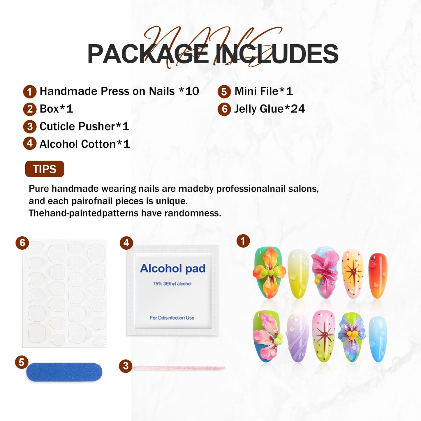 HOMSERA Handmade Press On Nails Almond, French Tips with 3D Flowers Water Droplets Design Short Fake Nails, Salon-Quality Reusable, 10Pcs Includes Adhesive Pads & Nail File, Women's Fall/Winter Gift