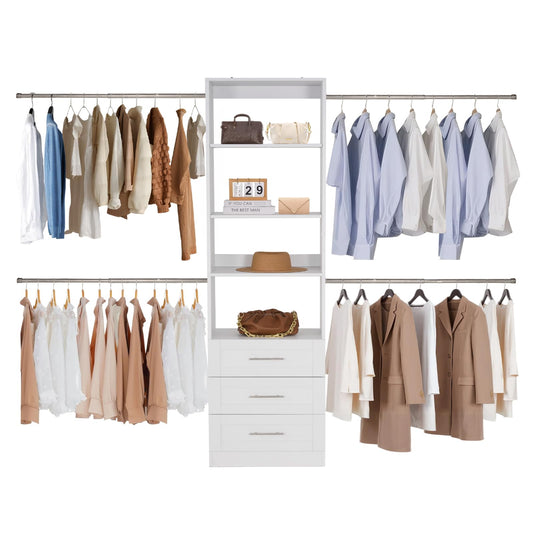 VEVOR Closet System with 3 Drawers, Adjustable Height Wooden Closet Organizers, Modern Walk-in Wardrobe Organization with 4 Retractable Clothes Hanger Rods, Freestanding Garment Rack Storage, White