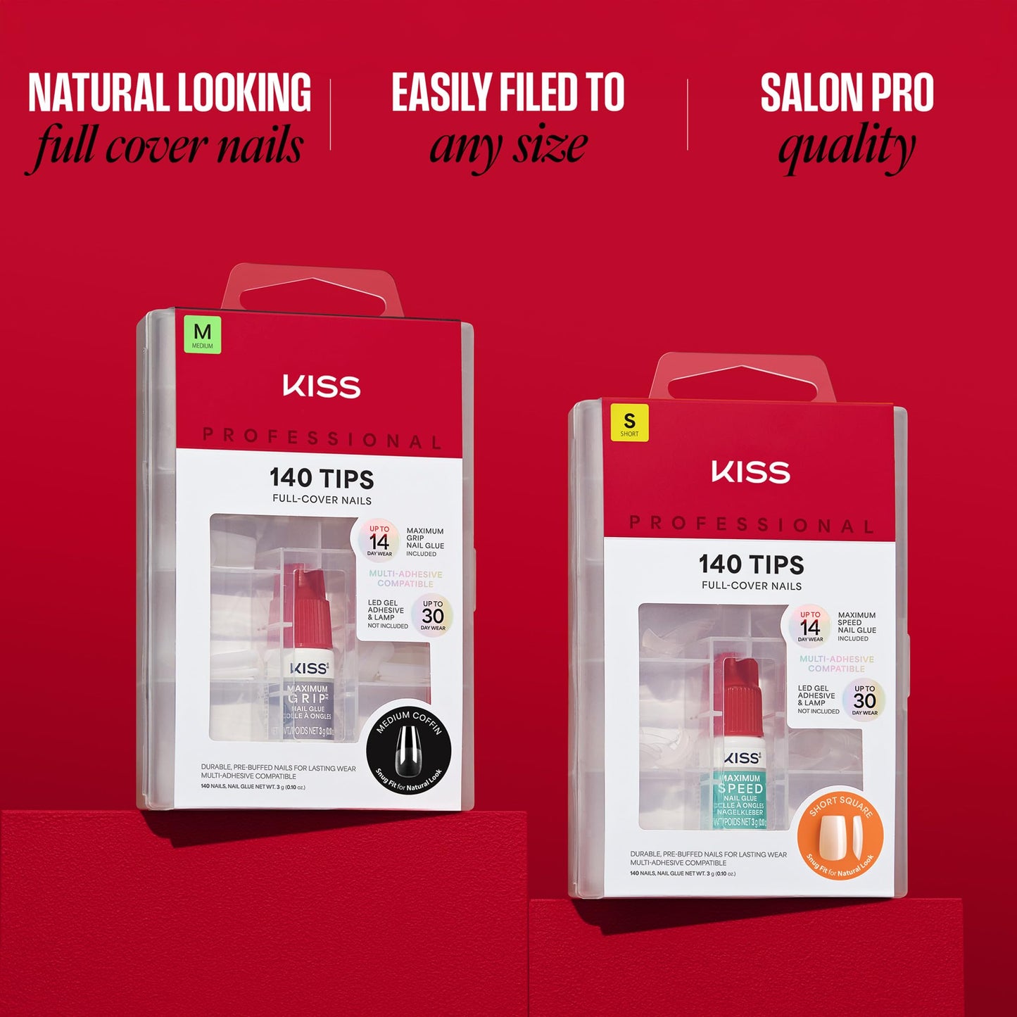 Kiss PROFESSIONAL, Press On Nails, Nail glue included, 'Ordinary Life', White, Short Size, Square Shape, Includes 140 Nails, 3g Glue