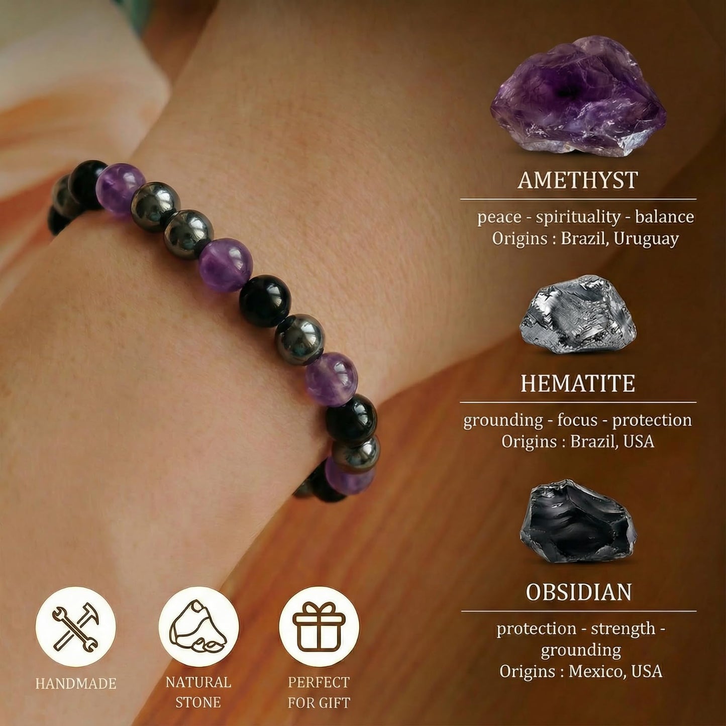 Atminafays Amethyst Healing Bracelet for Women Men - Anxiety Relief Bracelet with Chakra Stones Hematite & Obsidian for Energy Protection & Emotional Balance,Yoga Bracelet.