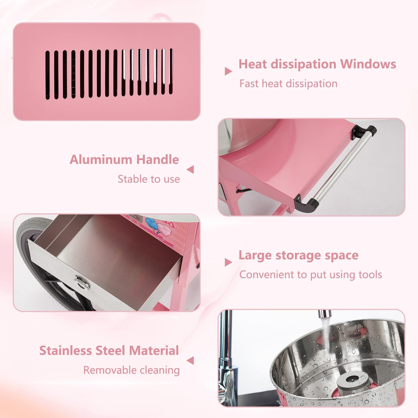 Electric Candy Cotton Machine for Kids with Cart Commercial Candy Cotton Maker with 20 in Stainless Steel Bowl Party Home Festival Pink