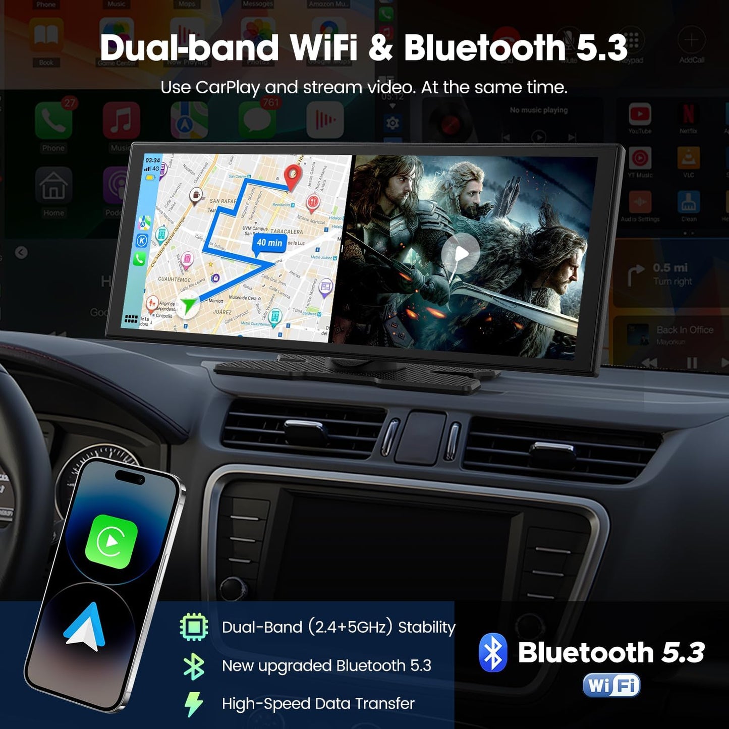 LAMTTO Upgraded 11'' Wireless Carplay Screen with Net-Flix YouTube Apps and Backup Camera Built-in Entertainment Video Box Navigation Voice Assistant for iOS 10+ Android 11+