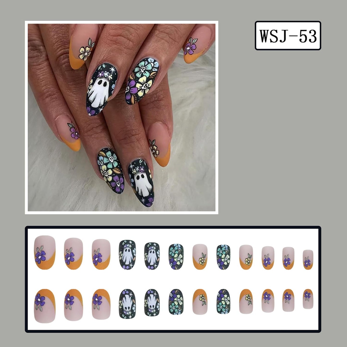 Halloween Flower Skull Press on Nails Medium Oval Ghost Colorful Skull Floral Pattern Design Halloween Nail Full Cover Artificial Acrylic False Nail Orange French Festival Stick on Nails for Women