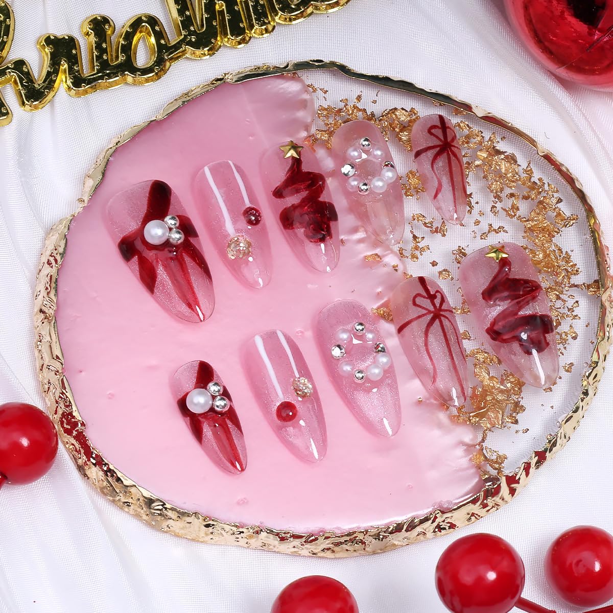 10Pcs Christmas Handmade Press on Nails Medium Almond Fake Nails with Red Xmas Trees Bow Design 3D Star Pearl False Nails Full Cover Artificial Glue on Nails Winter Santa Stick on Nail for Women DIY