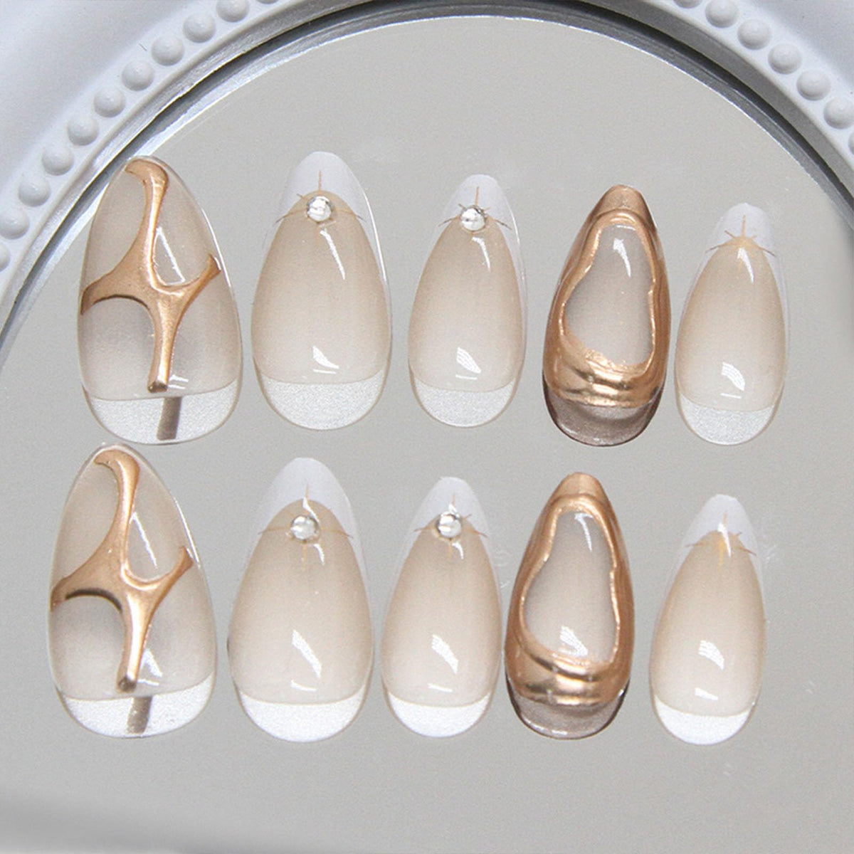 IMSOHOT French Tip Press on Nails Medium Almond Fake Nails Nude White False Nails with 3D Gold Chrome Design Glossy Acrylic Glue on Nails