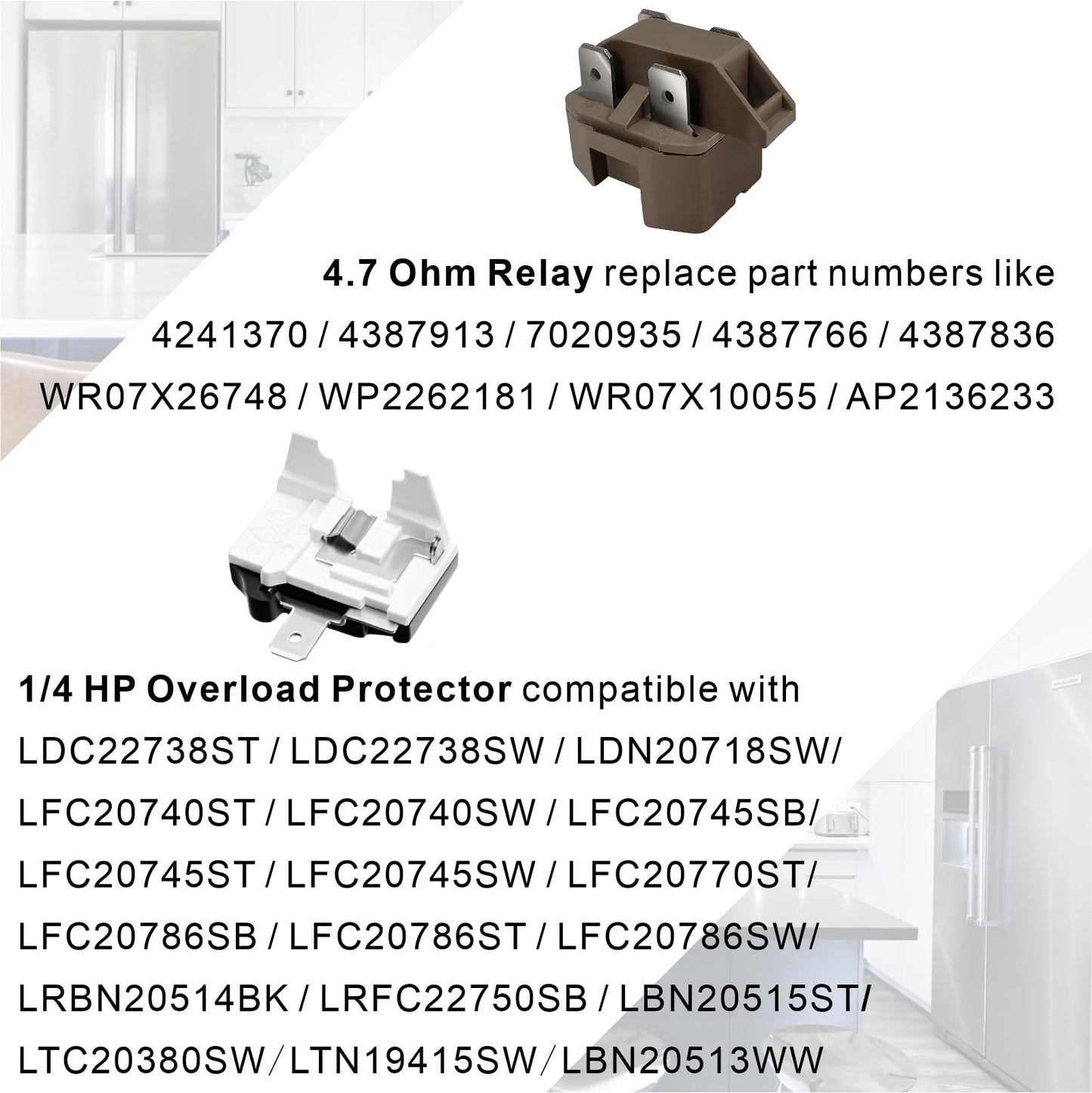 Compressor Start Relay and Overload Protector Kit for Refrigerator Freezer, Compatible with Frigidaire, Gibson, GE, Whirlpool, Roper, Kenmore, Replaces 4387913, 4241370, 7020935, 4387766, 4387836