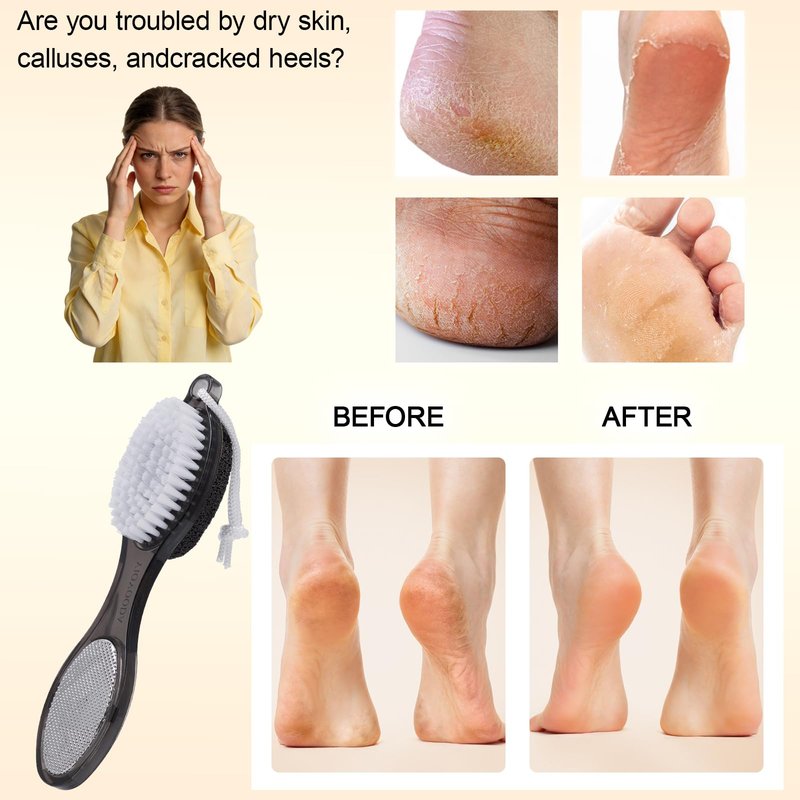 YIOYOODA Foot Brush and Pumice Stone for Feet, 4-in-1 Foot File Callus Remover, Feet Scrubber Brush, Rasp and Sand Paper Pedicure Tools, Multi Purpose for Home Foot Care, 2 Pcs, Clear Black and Pink