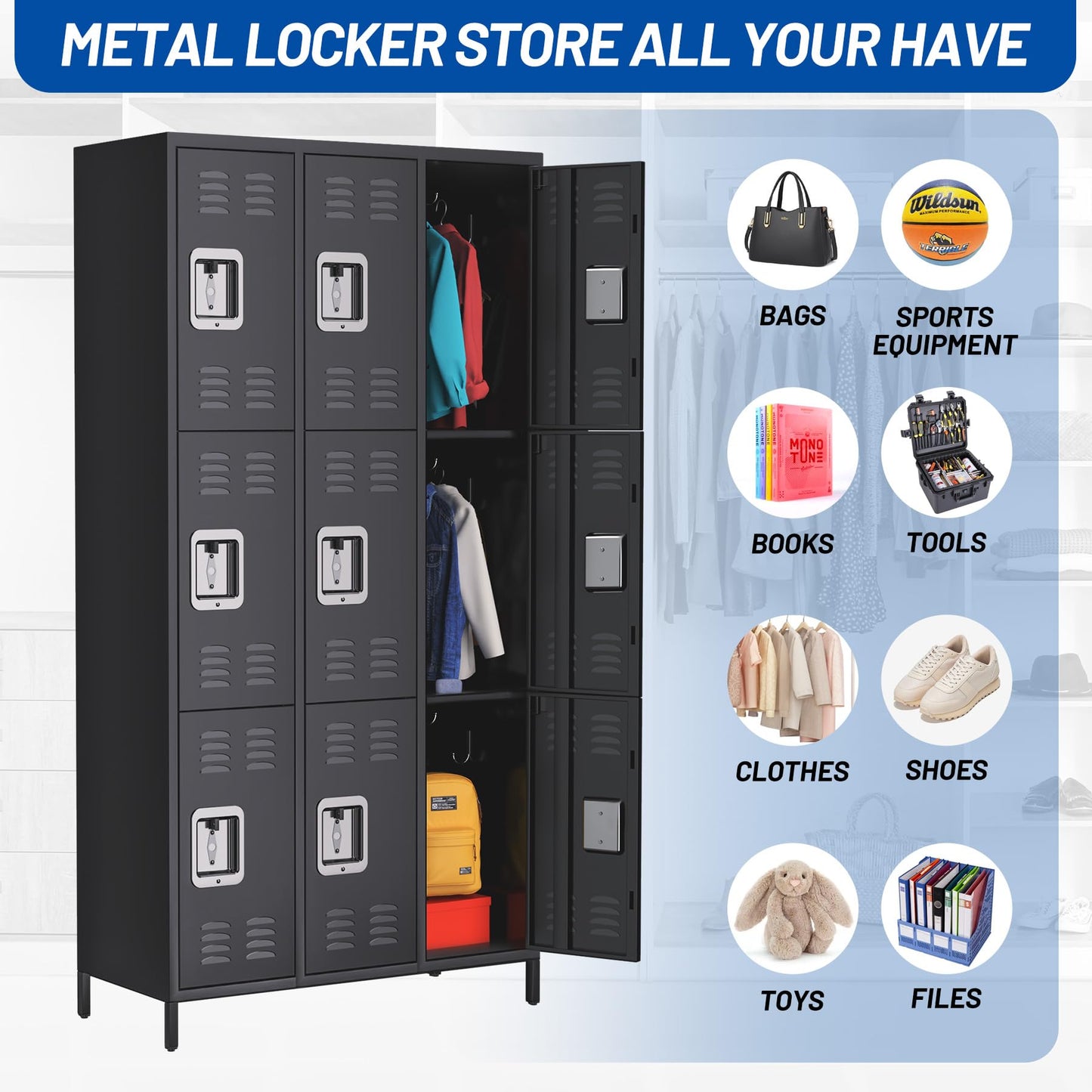 GarveeHome 9 Doors Metal Office Storage Cabinet, Metal Lockers for Employees with 27 Hooks and 9 Shelves, 72 Inch Tall Steel Storage Cabinet Locker for Home, Office, Gym, School, Black
