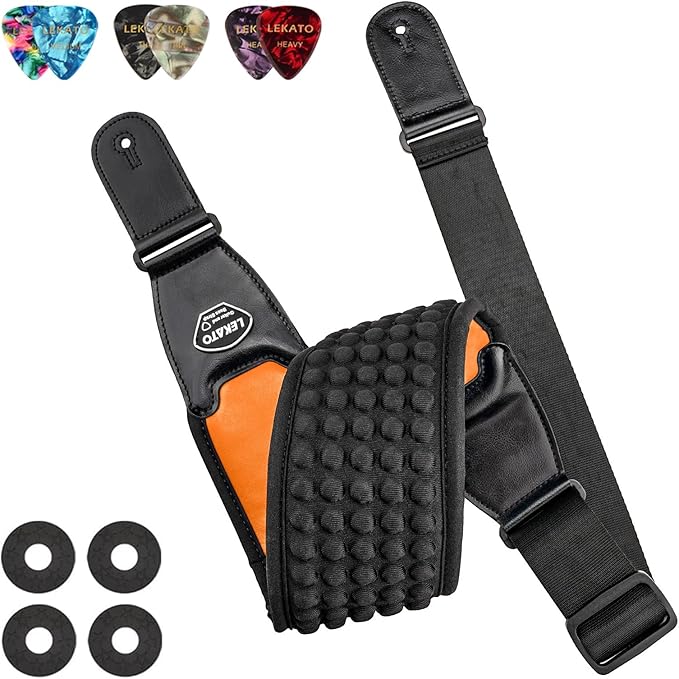 LEKATO Guitar Straps for Electric Guitar Bass, 3.5" Wide Padded Guitar Strap Neoprene Pad with 3D Sponge Filling Bass Guitar Straps Adjustable Length from 45" to 55" with Strap Locks, Picks, Orange
