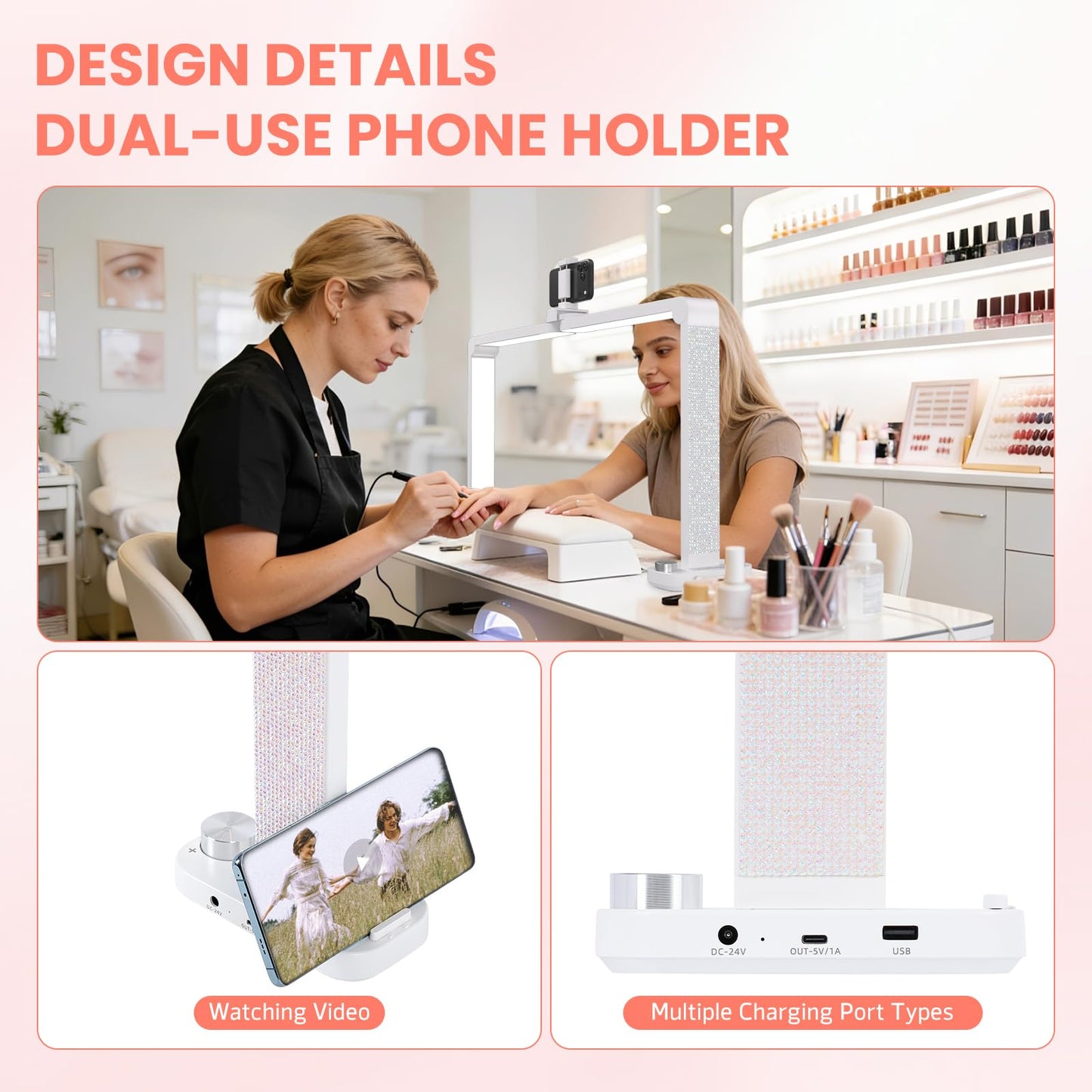 Haosegd Half Moon Light for Nail Desk, 34“ Large Square Nail Lamp for Desk with Phone Holder, Professional Manicurist Desktop Lamp, LED Light Suitable for Manicures, Tattoos, White with Rhinestones