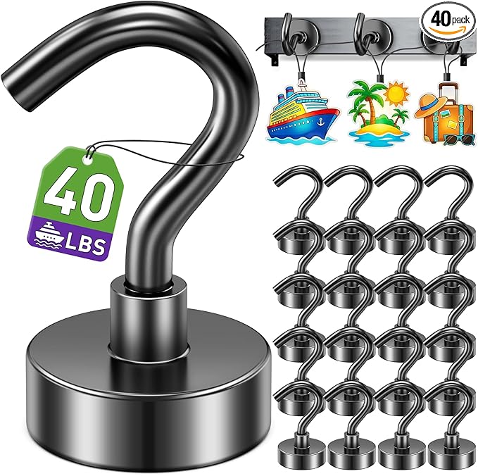 40 Pack Magnetic Hooks for 2026 Cruise Cabins Beach Vacation 30lbs+ Heavy Duty Magnet with Hook Metal Magnetic Hooks for Kitchen Fridge Grills Hanging Magnet Hooks for Classroom Locker Whiteboard