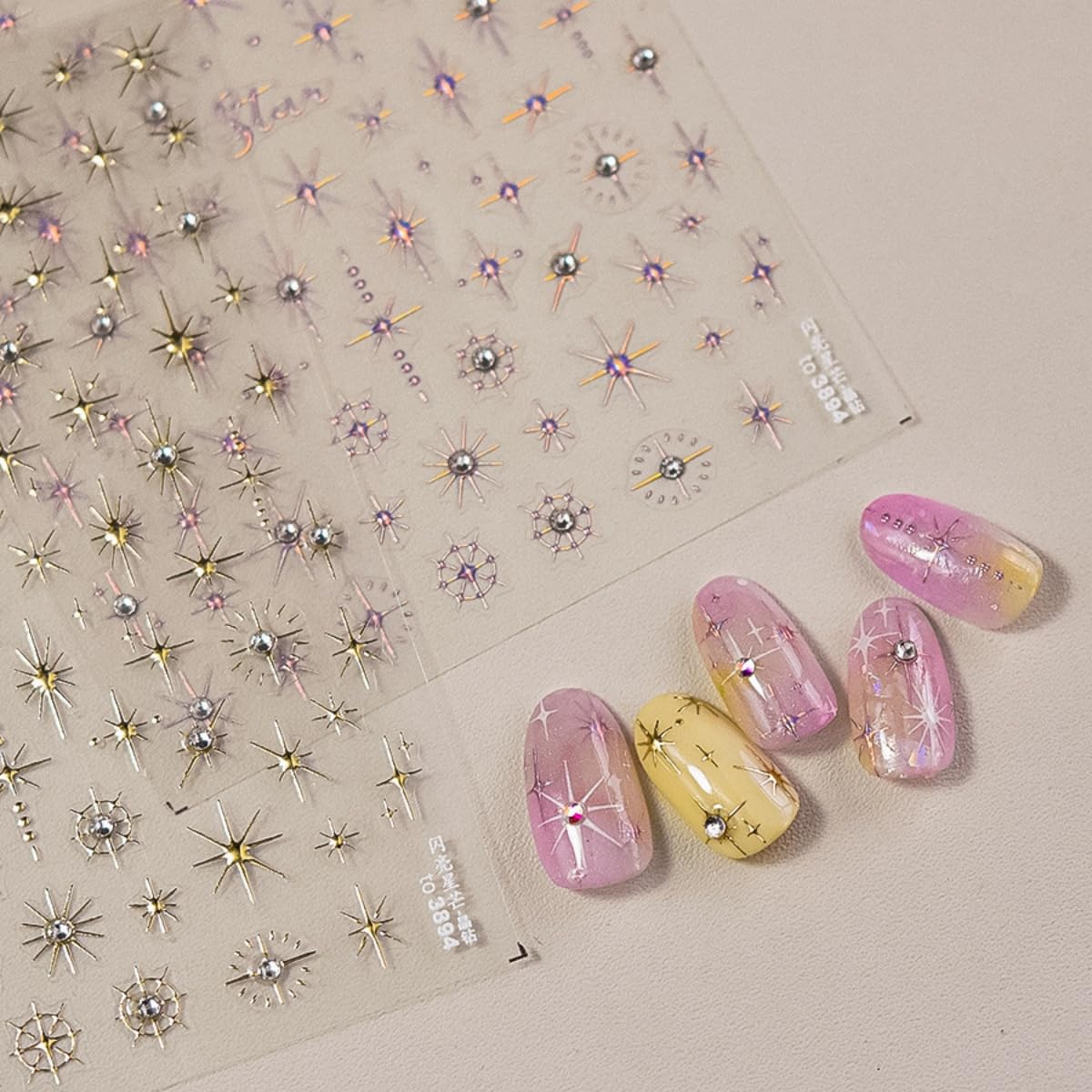 Star Nail Decals 5D Embossed Self-Adhesive Star Nail Sticker Shiny Rhinestones Stars Nail Design Holographic Stars Nails Decoration Nails Supplies for Women Manicure DIY 3 Sheet