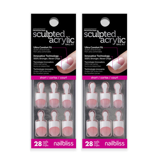 Dashing Diva Sculpted Acrylic French Tip Manicure Bundle - Classic Pink, Short Square - Salon Quality, Easy to Apply, Long-Lasting Press-On Nails - Contains 2 Sets of 28 Glue On Nails