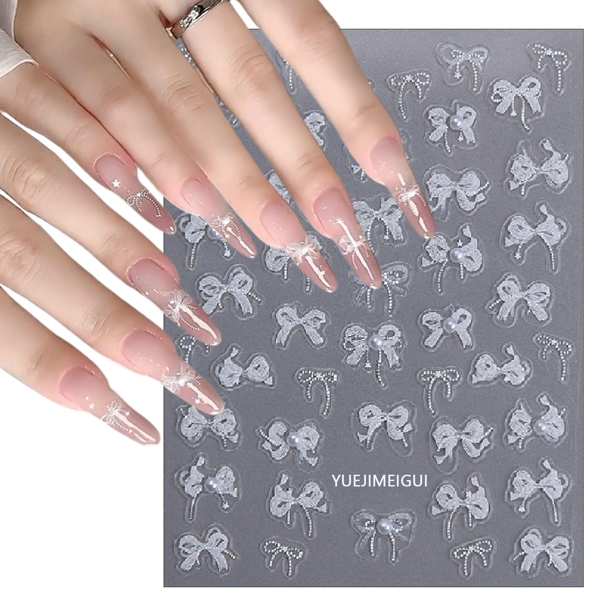 3 Sheets White Bow Ribbon Nail Art Stickers Pearl Lace Rhinestone Embossed Nail Decals Butterfly Pearl Design Self-Adhesive Nail Stickers Women's Nail Art Supplies