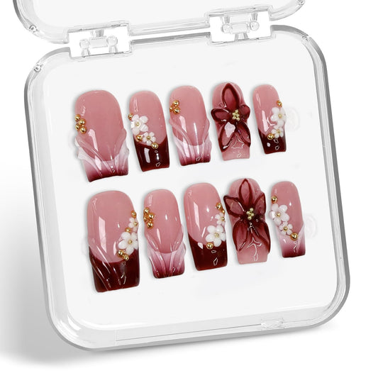 10 Pcs Handmade Press on Nails Gradient French Tip Acrylic Nails Medium Square Fake Nails with 3D Flower Design Full Cover Artificial Stick on False Nail for Women (S)
