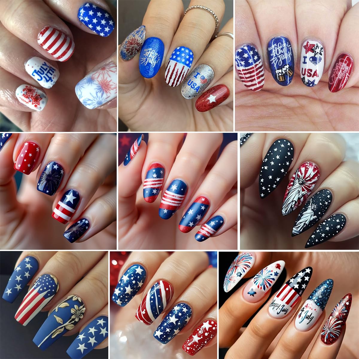 6Pcs Independence Day Nail Stickers for Nail Art - Celebrate 4th of July Nail Decals 3D Self-Adhesive USA Flags Heart Star Bow Eagle Design Firework Sticker for Memorial Day DIY Patriotic Nail Decor